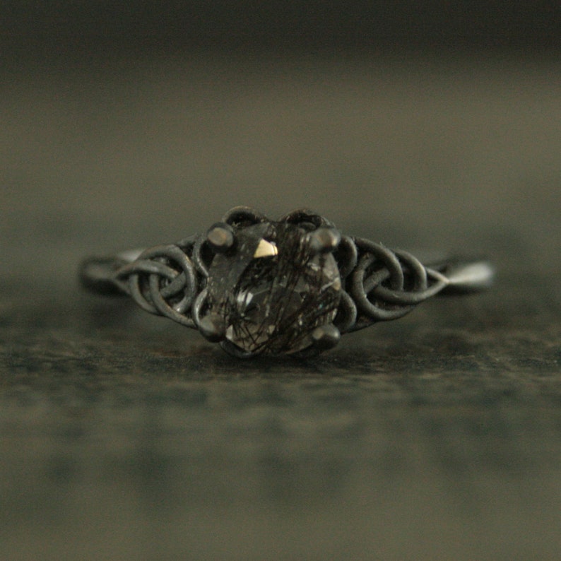 Black Tourmalinated Quartz Ring Celtic Ring Black Silver Ring Black Rutilated Quartz Ring Celtic Knot Ring Unique Engagement Ring Oxidized Black