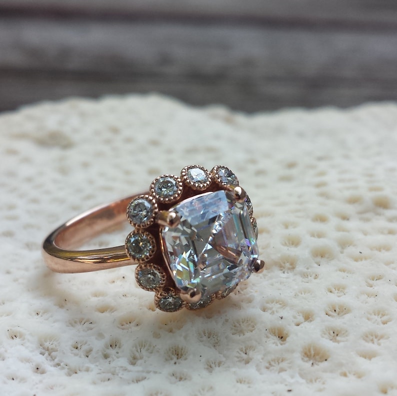 Asscher Cut Ring Halo Setting 14K Rose Gold Engagement Ring Forever One Moissanite Ring Diamond Ring One of a Kind Engagement Ring image 6