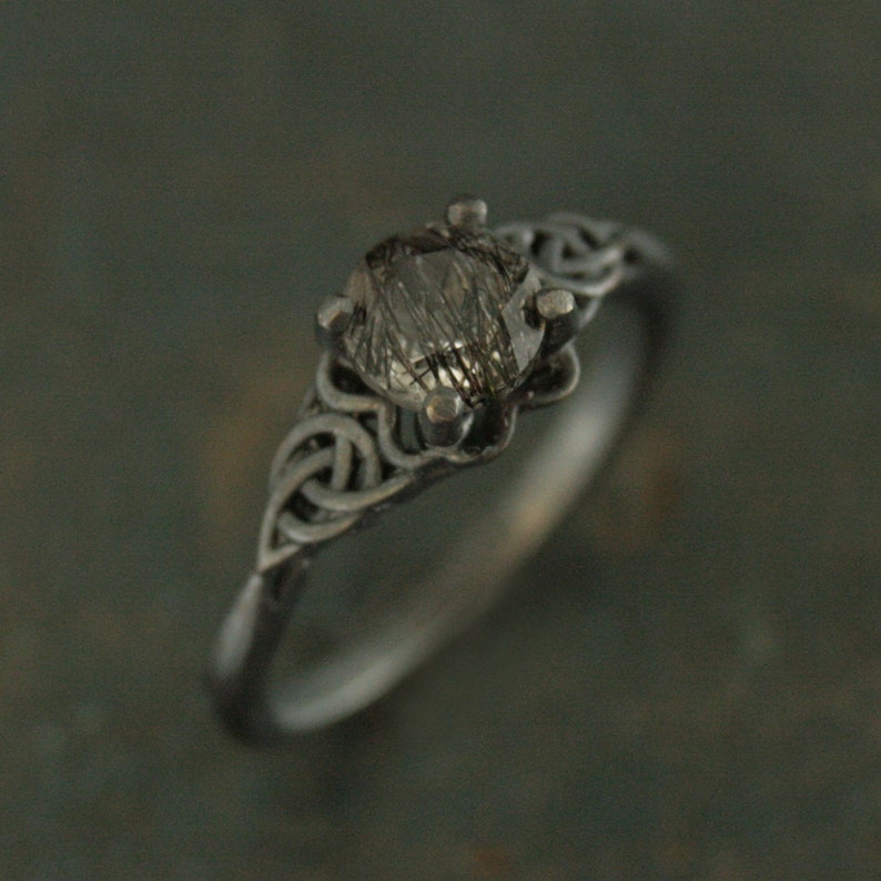 Black Tourmalinated Quartz Ring Celtic Ring Black Silver Ring Black Rutilated Quartz Ring Celtic Knot Ring Unique Engagement Ring image 6