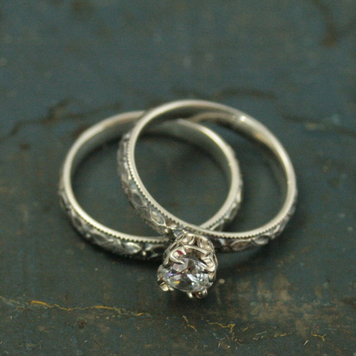 Silver Engagement Ring Renaissance Engagement Set White Topaz Sterling ...