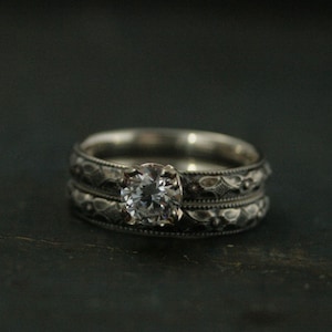 SALE Silver Engagement Ring Renaissance Engagement Set White Topaz Sterling Silver Ring with 14K White Gold Setting Antique Style Vintage