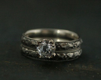 Silver Engagement Ring Renaissance Engagement Set White Topaz Sterling Silver Ring with 14K White Gold Multi-Prong Setting Antique Style