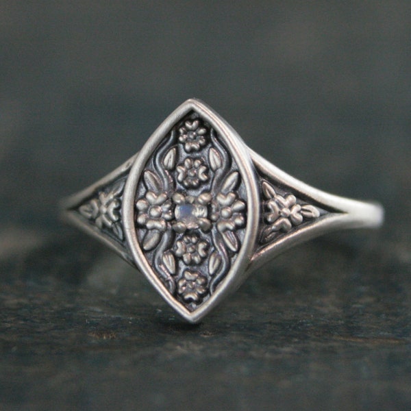 Moonstone Floral Ring Isabela Flower Marquee Silver Ring Encanto Romantic Promise Ring Silver Marquee Moonstone Engagement Ring Art Nouveau