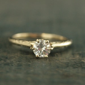 14K Gold Engagement Ring Ariel's Ring Vintage Style Solitaire Antique Style Ring Gold Solitaire Engraved Ring Six Prong Solitaire Moissanite