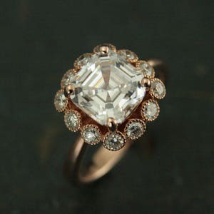 Asscher Cut Ring Halo Setting 14K Rose Gold Engagement Ring Forever One Moissanite Ring Diamond Ring One of a Kind Engagement Ring image 2