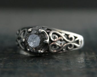 Black Rutilated Quartz Ring Maleficent Oxidized Polished Filigree Ring Gothic Ring Alternative Engagement Ring Black Silver Cocktail Ring