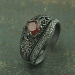 Black Filigree Ring~Black Engagement Set~Maleficent's Dark Heart~Garnet Ring~Vintage Style Ring~Antique Style Ring~Black Silver Ring