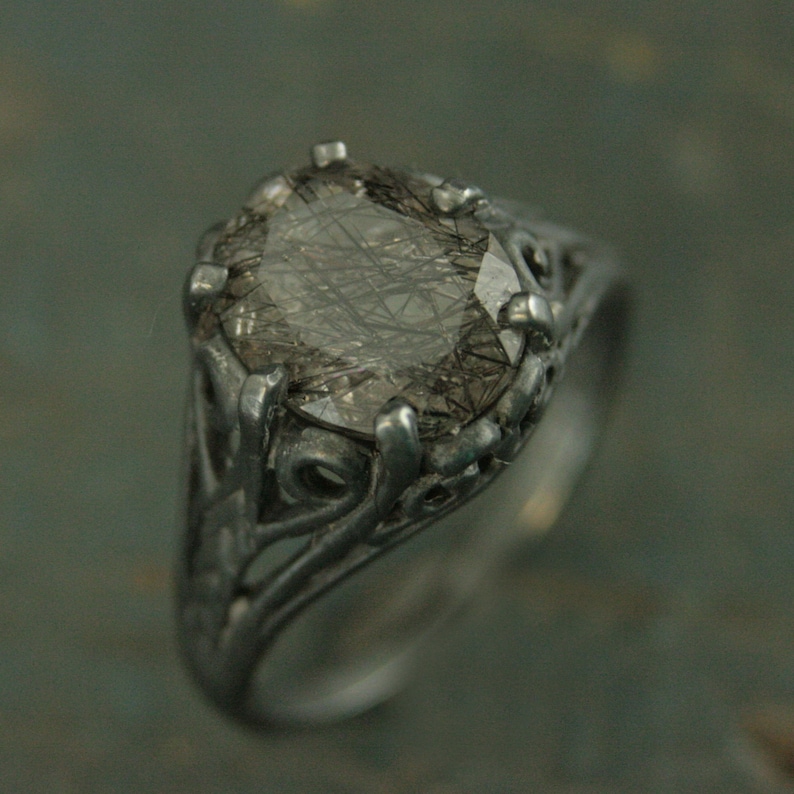 Black Tourmalinated Quartz Ring Black Rutilated Quartz 8x10 Etsy