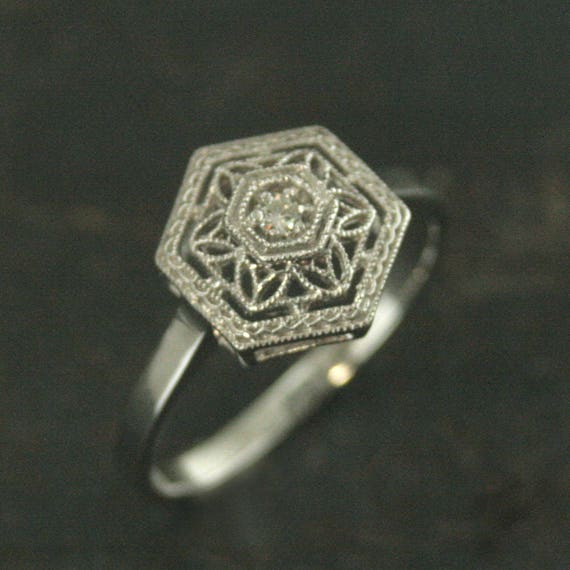 14K White Gold Filigree Ring Diamond Ring Antique Style Ring Vintage Style Ring Right Hand Ring Snowflake Ring Winter Ring Gift for Her