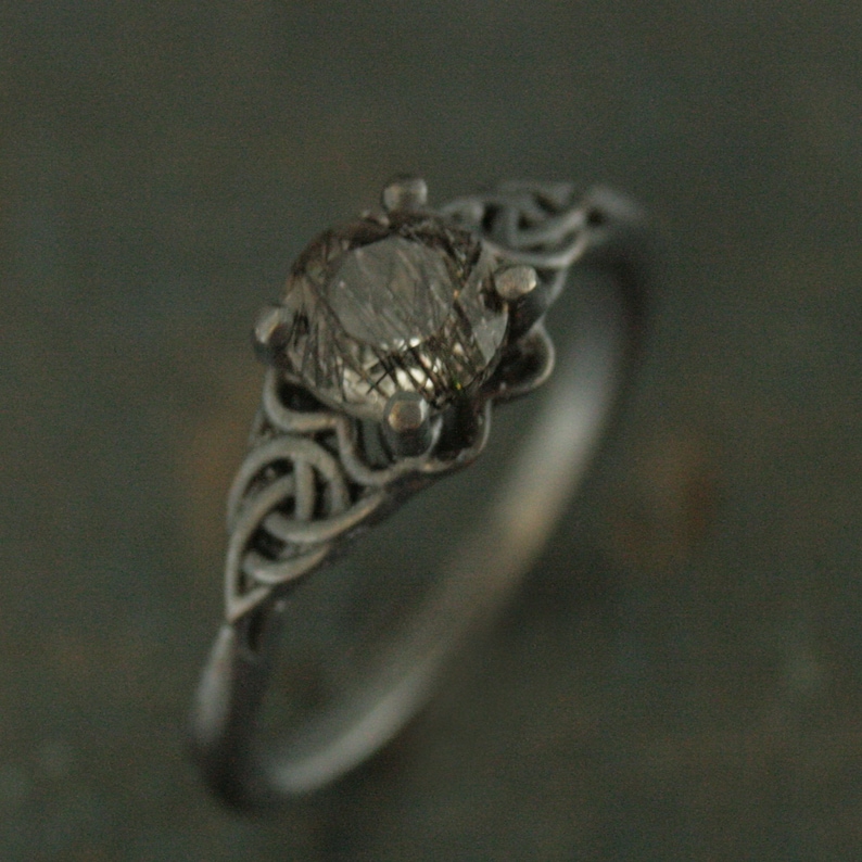 Black Tourmalinated Quartz Ring Celtic Ring Black Silver Ring Black Rutilated Quartz Ring Celtic Knot Ring Unique Engagement Ring image 2