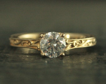 14K Gold Engagement Ring Flourish Cathedral Solitaire Wheat Ring Gold Solitaire Sculptural Engagement Ring Elegant Unique Feminine Ring