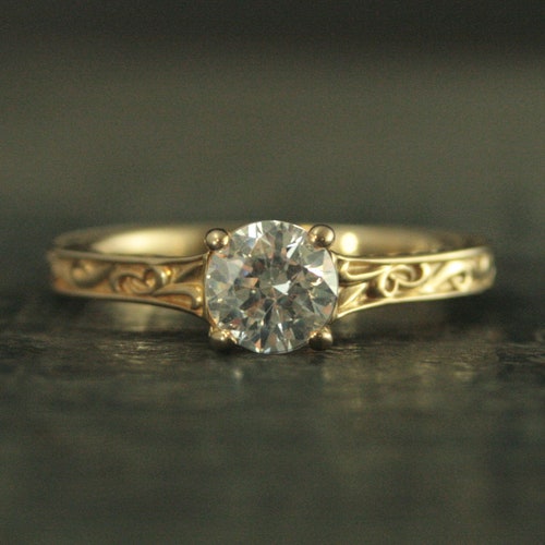 14K Gold Engagement Ring Flourish Cathedral Solitaire Wheat - Etsy