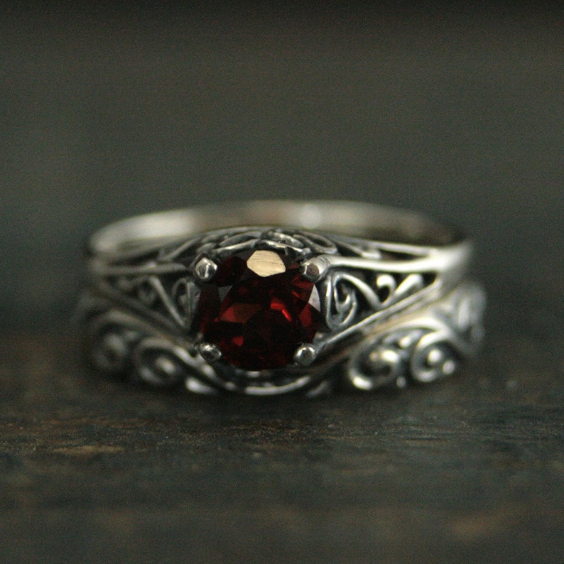 Garnet Bridal Ring Set The Cinderella Silver Antique Style Engagement Ring and Flourish Wedding Band Set Mozambique Garnet Ring Set Filigree image 3