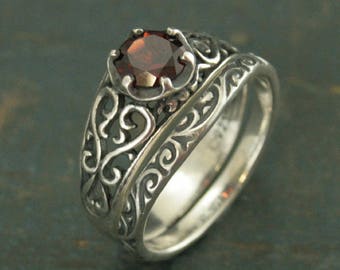 Filigree Garnet Ring Set Silver Filigree Ring Vintage Style Ring Antique Style Ring Mozambique Garnet Red Garnet Ring Maleficent's Heart Set