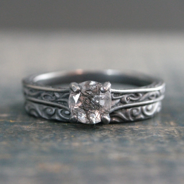 Black Rutilated Quartz Bridal Set Gothic Wedding Rings Flourish Cathedral Oxidized Black Silver Solitaire Ring with Matching Black Band