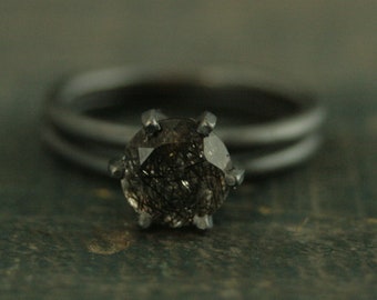 Large Black Rutilated Quartz Ring 8mm Facetted Black Tourmalinated Quartz 6 Prong Setting 2mm Full Round Band Oxidized Black Silver