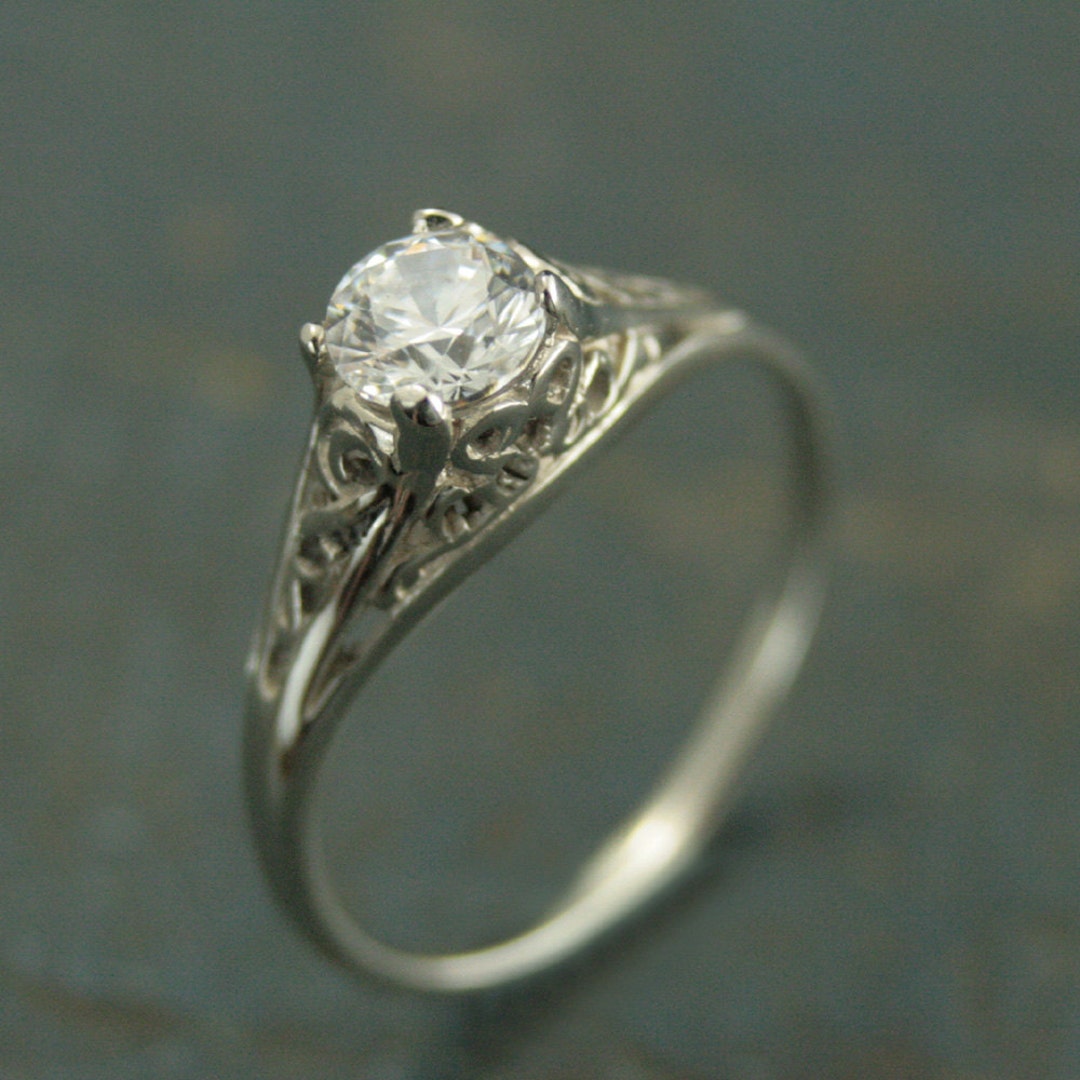 14K White Gold Vintage Style Filigree Engagement Ring Etsy