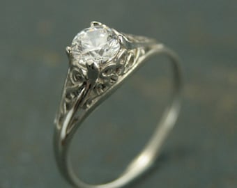 14K White Gold Vintage Style Filigree Engagement Ring Cinderella Moissanite, White Topaz, White Sapphire, or CZ Antique Style Ring Filigree
