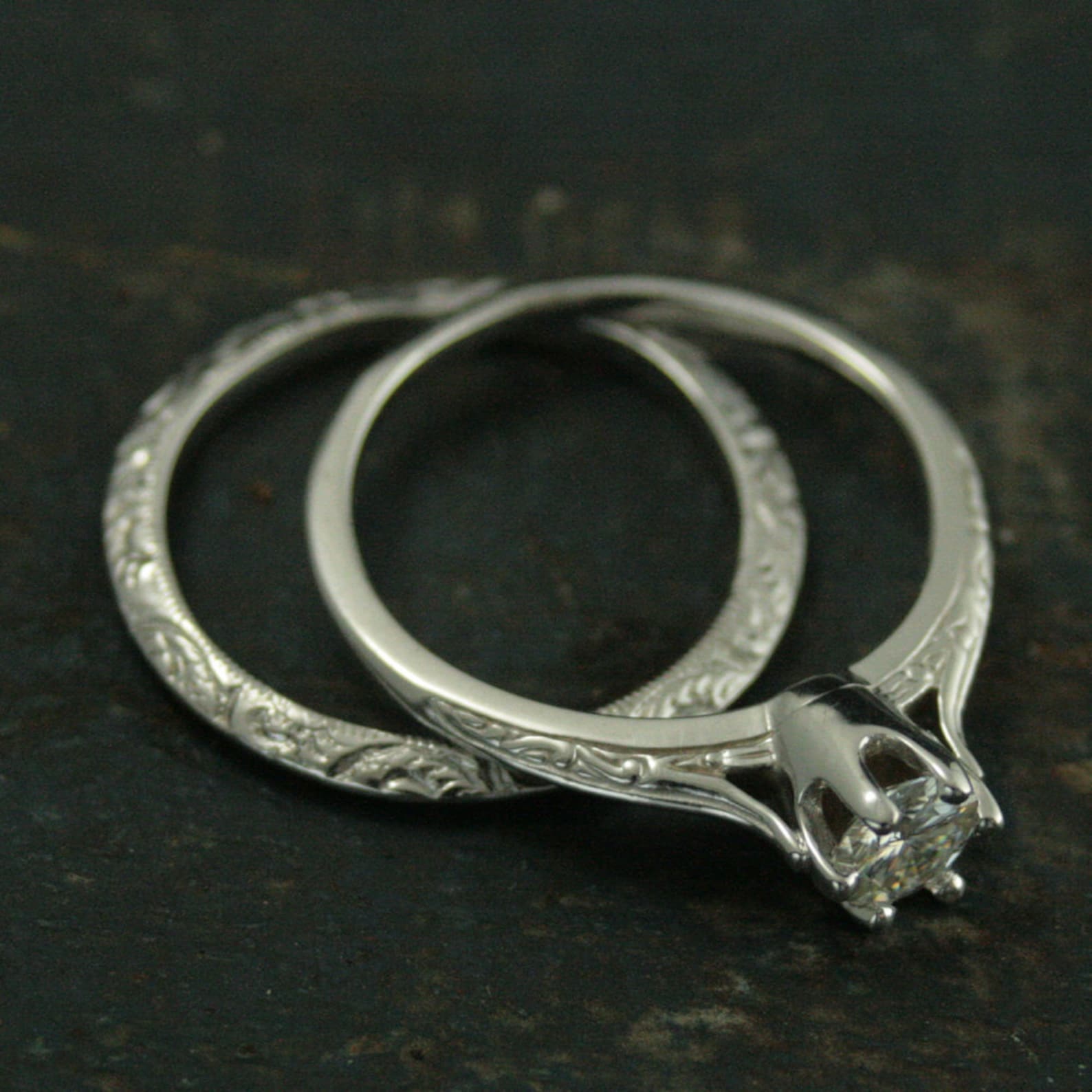 14K White Gold Bridal Set Atlantean Wedding Set Vintage Style Etsy
