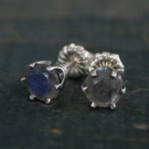 5mm Labradorite Stud Earrings 6 Prong Crown Setting Ariel Oxidized and Polished Silver Stud Earrings Rainbow Blue Stone Full Cut Labradorite