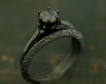 Dark Atlantean Bridal Set 5mm Labradorite Engagement Ring Set Black Silver Engagement Ring and Band Engraved Knife Edge Band Set Oxidized
