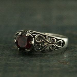 Garnet Ring Silver Filigree Ring Mozambique Garnet Red Ring Sweetheart Ring Promise Ring Maleficent's Heart Oxidized Antiqued Ring image 4