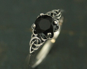 Silver Celtic Ring Black Onyx Full Cut Faceted Onyx The Raven Ring Unique Engagement Ring Black Stone Ring Faux Black Diamond Celtic Knot