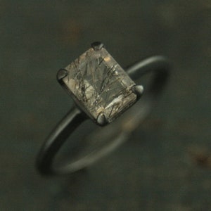 Black Tourmalinated Quartz Ring Emerald Cut Rutilated Quartz Modern Knife Edge Ring Oxidized Black Silver Ring Black Rutilated Quartz Ring