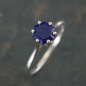 Hexagonal Lapis Ring Blue Stone Ring Silver Cathedral Setting Hexagon Cut Lapis Unique Something Blue Ring Bridal Ring Gift for Bride