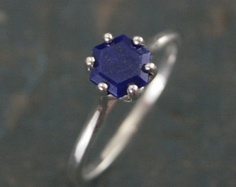 Hexagonal Lapis Ring Blue Stone Ring Silver Cathedral Setting Hexagon Cut Lapis Unique Something Blue Ring Bridal Ring Gift for Bride