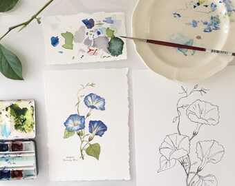 Blue Morning Glory Giclee Print: Botanical Watercolor Painting