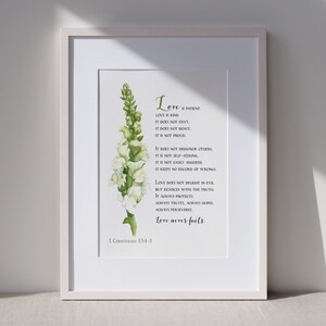 White Snapdragon. Botanical Style Painting. The Excellence of Love. 1 Corinthians 13:4-8 Art Print 8X10 inches