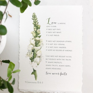 White Snapdragon. Botanical Style Painting. The Excellence of Love. 1 Corinthians 13:4-8 Art Print 5X7 inches