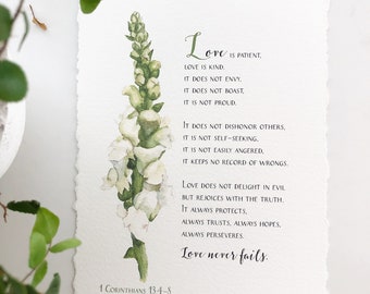 White Snapdragon.  Botanical Style Painting.  The Excellence of Love. 1 Corinthians 13:4-8
