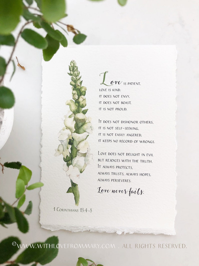 White Snapdragon. Botanical Style Painting. The Excellence of Love. 1 Corinthians 13:4-8 Art Print 5X7 inches