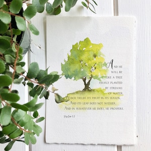 Tree on a Hill, Watercolor Painting, Psalm 1:3, Scripture Art Art Print 5X7 inches