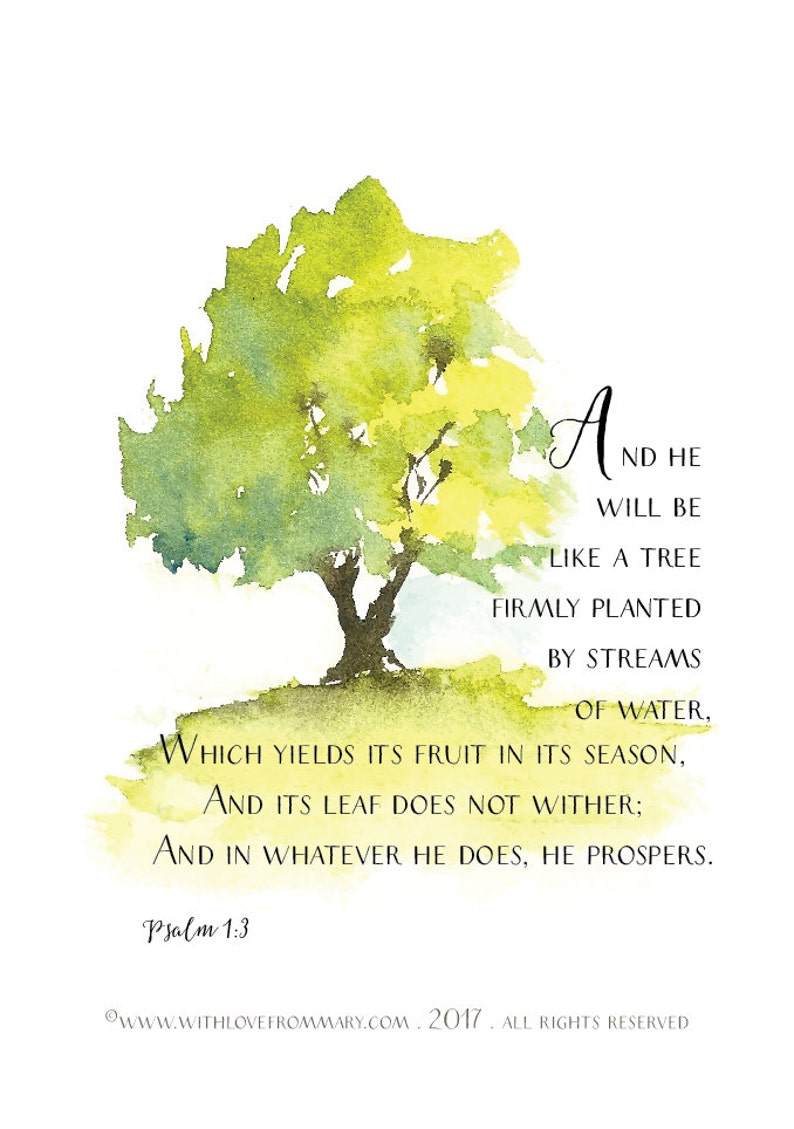 Tree on a Hill, Watercolor Painting, Psalm 1:3, Scripture Art image 3