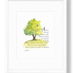 Tree on a Hill, Watercolor Painting, Psalm 1:3, Scripture Art Art Print 8X10 inches
