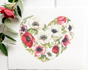 Heart Filled with Anemones, Red and White Anemones, Giclee Print of Red and White Anemones