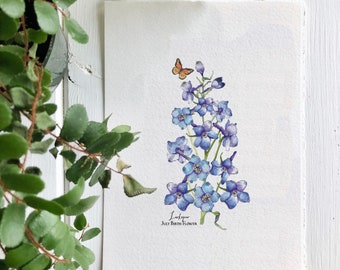 Larkspur, Birth Flower for July, Blue Larkspur, Giclee Print of an original Watercolor Painting by Mary