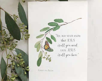 Giclee Print of Eucalyptus Leaves with Monarch Butterfly, Corrie ten Boom Quote, Giclee Print