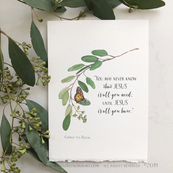 Giclee Print of Eucalyptus Leaves with Monarch Butterfly, Corrie ten Boom Quote, Giclee Print