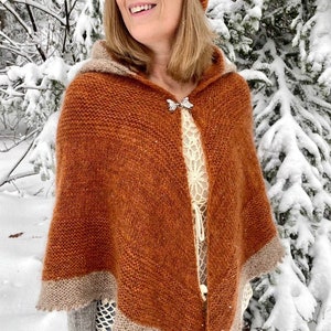 The Fox Whisperer Hooded Shawl Cloak Knitting Pattern in Rustic Wool Yarn