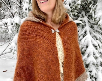 The Fox Whisperer Hooded Shawl Cloak Knitting Pattern in Rustic Wool Yarn