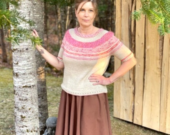 Tender Hearted Tee Knitting Pattern for Women's Circular Yoked Pullover Sweater