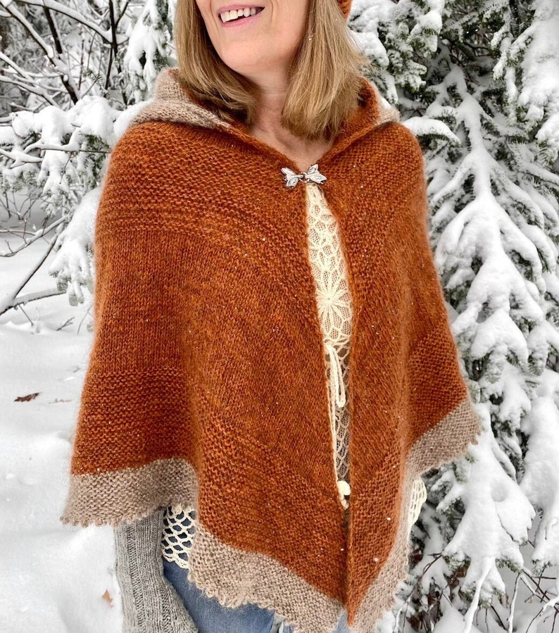 May include: A brown knitted shawl with a hood and a silver butterfly brooch. The shawl is worn by a person in a snowy outdoor setting.