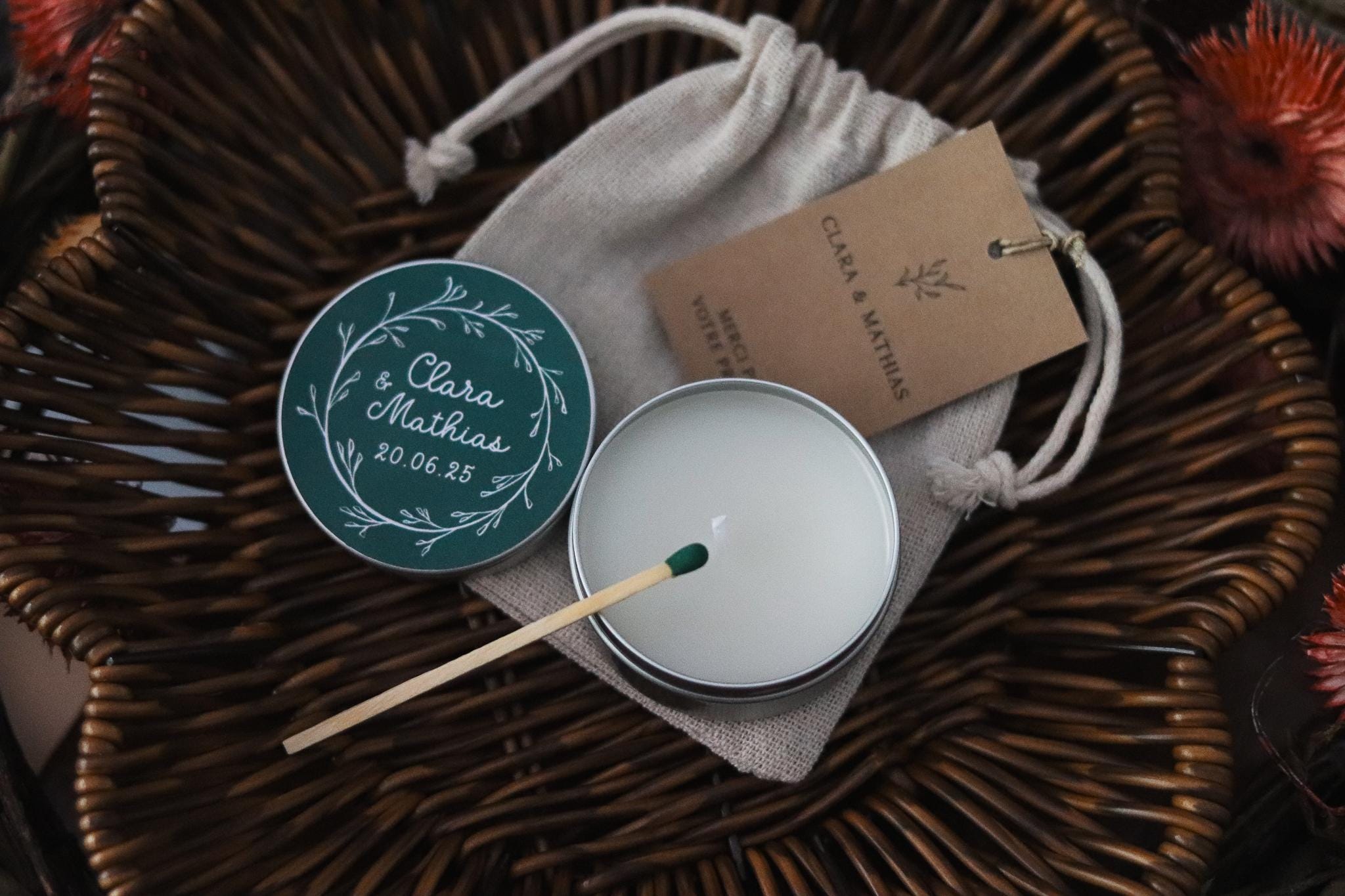 Bougie personnalisée avec pochette et allumette – Cadeau mariage