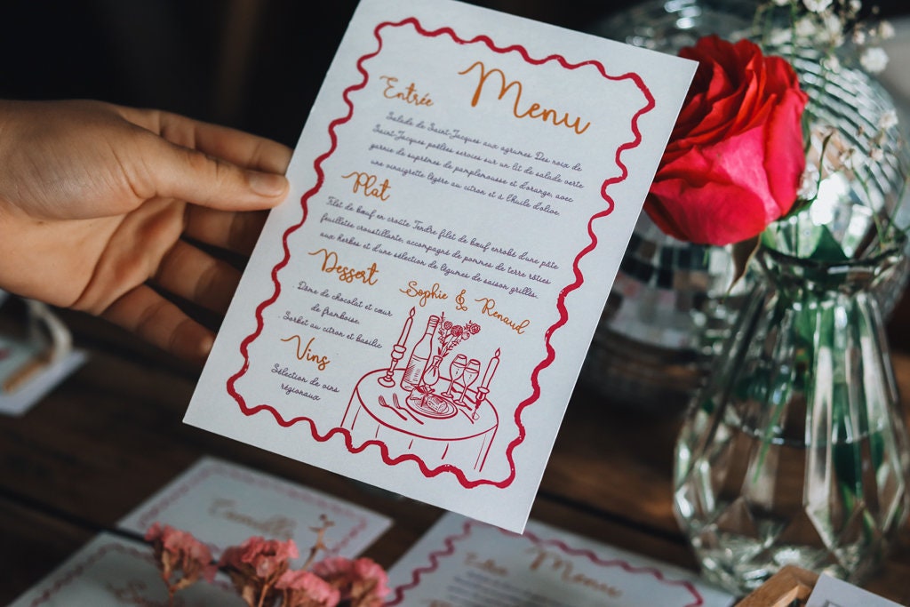 Menu de Mariage Coloré en Fuchsia, Orange et Violet