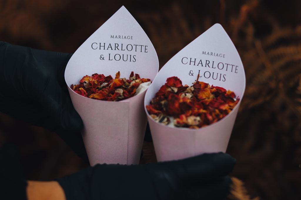 Cônes de mariage personnalisés en rose pâle et gris élégant