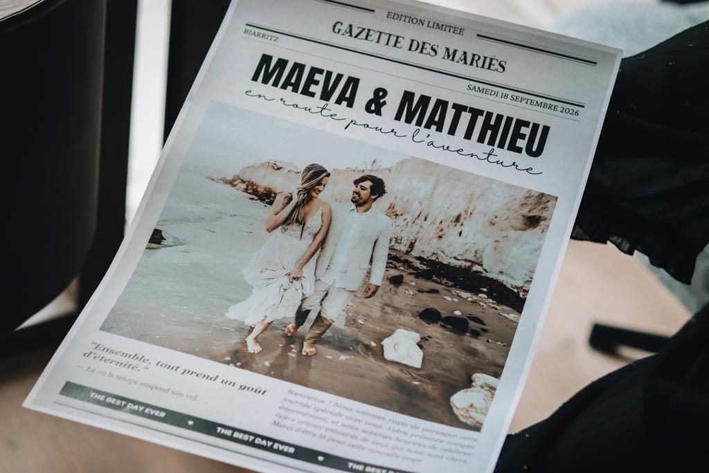 Gazette des Mariés Personnalisée – Votre Histoire Imprimée